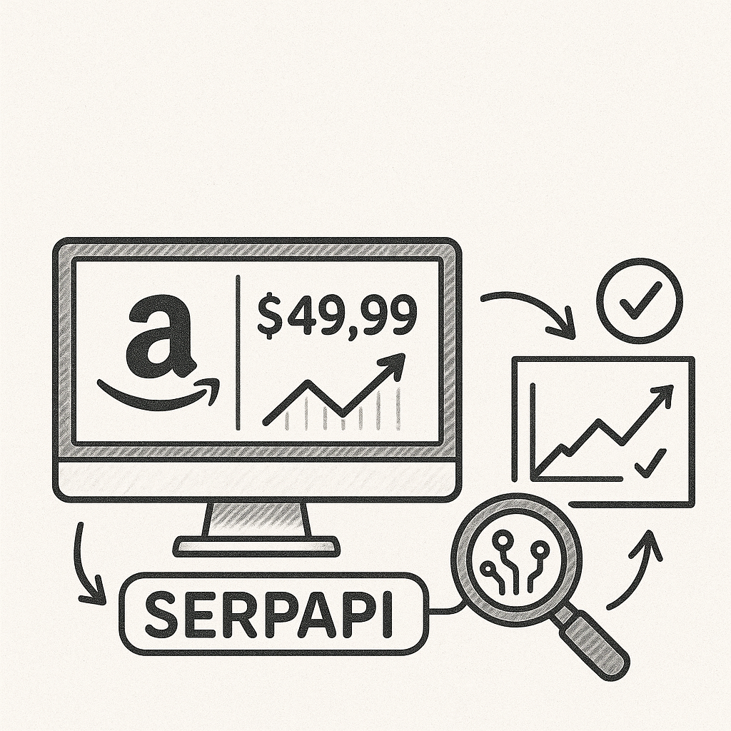 Amazon Price Tracker dashboard showing real-time price monitoring with SerpApi integration, displaying interactive charts, deal alerts, and AI-powered price predictions for e-commerce products